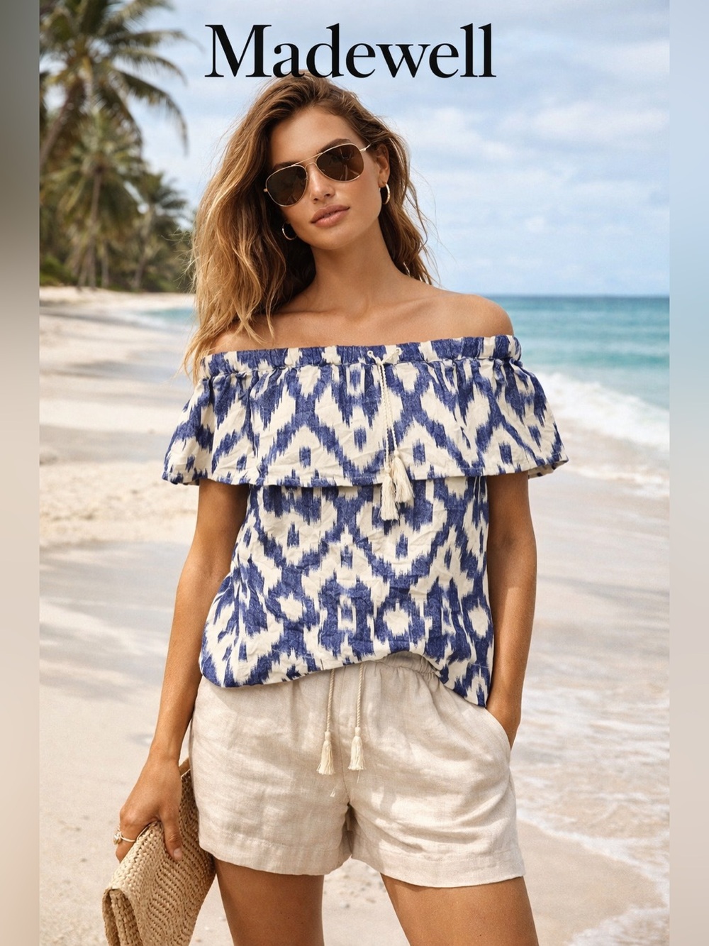 Madewell Blue & White Off-Shoulder Ikat Balcony Blouse Coastal Beach Summer Top